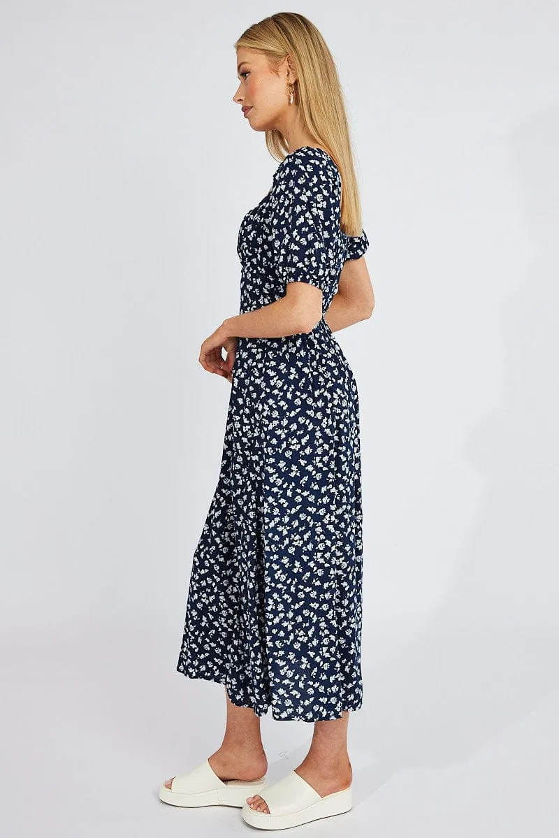 Black Ditsy Midi Dress Short Sleeve Ruched Bust sold by Ally Fashion product image thumbnail 4