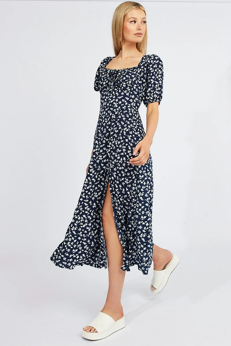 Black Ditsy Midi Dress Short Sleeve Ruched Bust sold by Ally Fashion