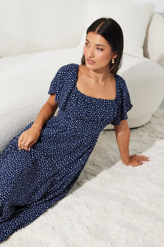 Blue Ditsy Maxi Dress Square Neck Tiered sold by Ally Fashion