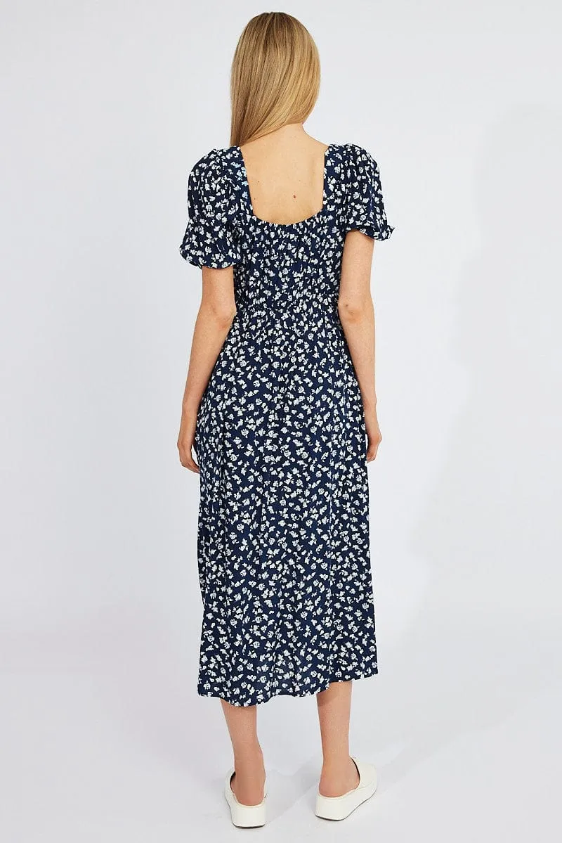 Black Ditsy Midi Dress Short Sleeve Ruched Bust sold by Ally Fashion product image thumbnail 5