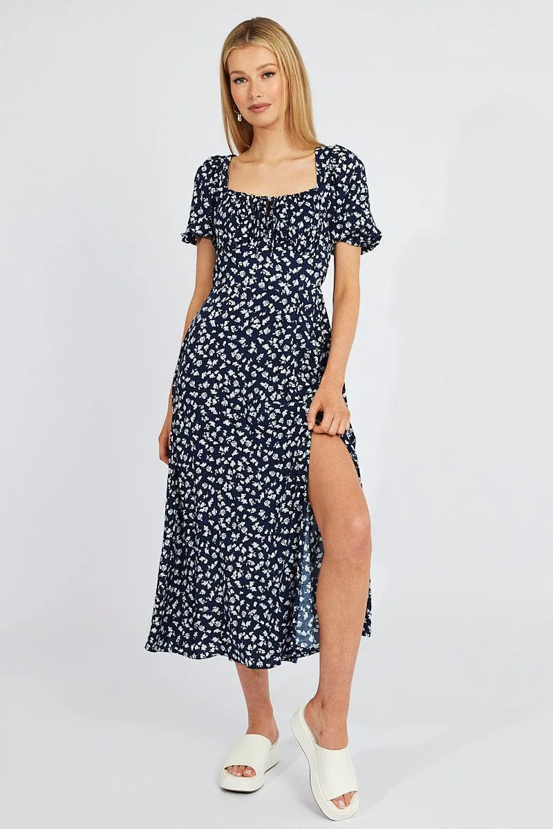 Black Ditsy Midi Dress Short Sleeve Ruched Bust sold by Ally Fashion product image thumbnail 2