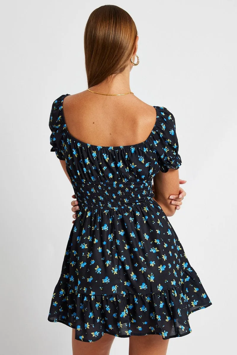 Blue Floral Fit And Flare Dress Puff Sleeve Mini sold by Ally Fashion product image thumbnail 5