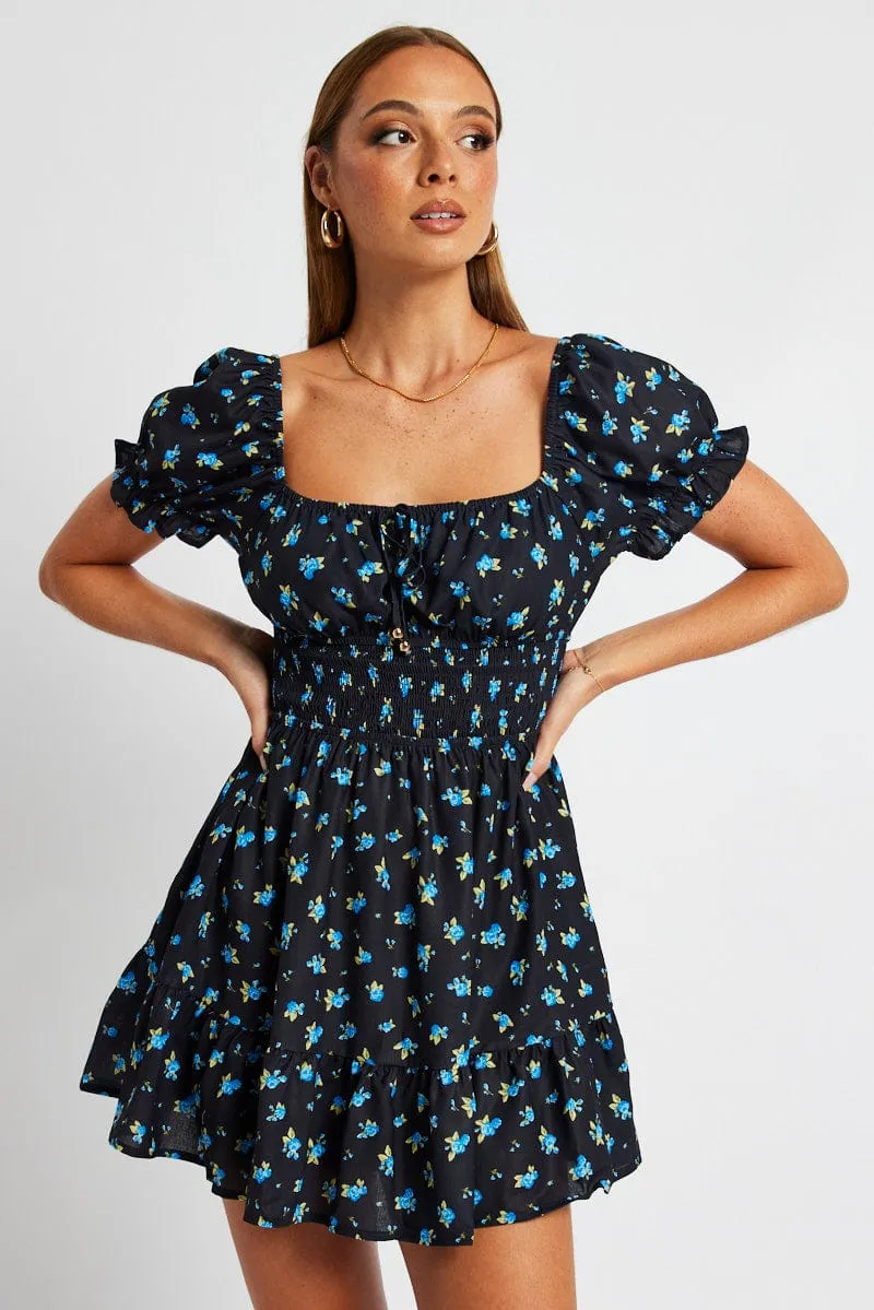 Blue Floral Fit And Flare Dress Puff Sleeve Mini sold by Ally Fashion product image thumbnail 3