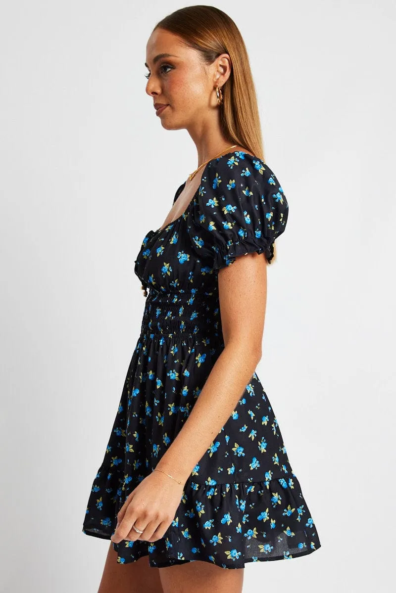 Blue Floral Fit And Flare Dress Puff Sleeve Mini sold by Ally Fashion product image thumbnail 4