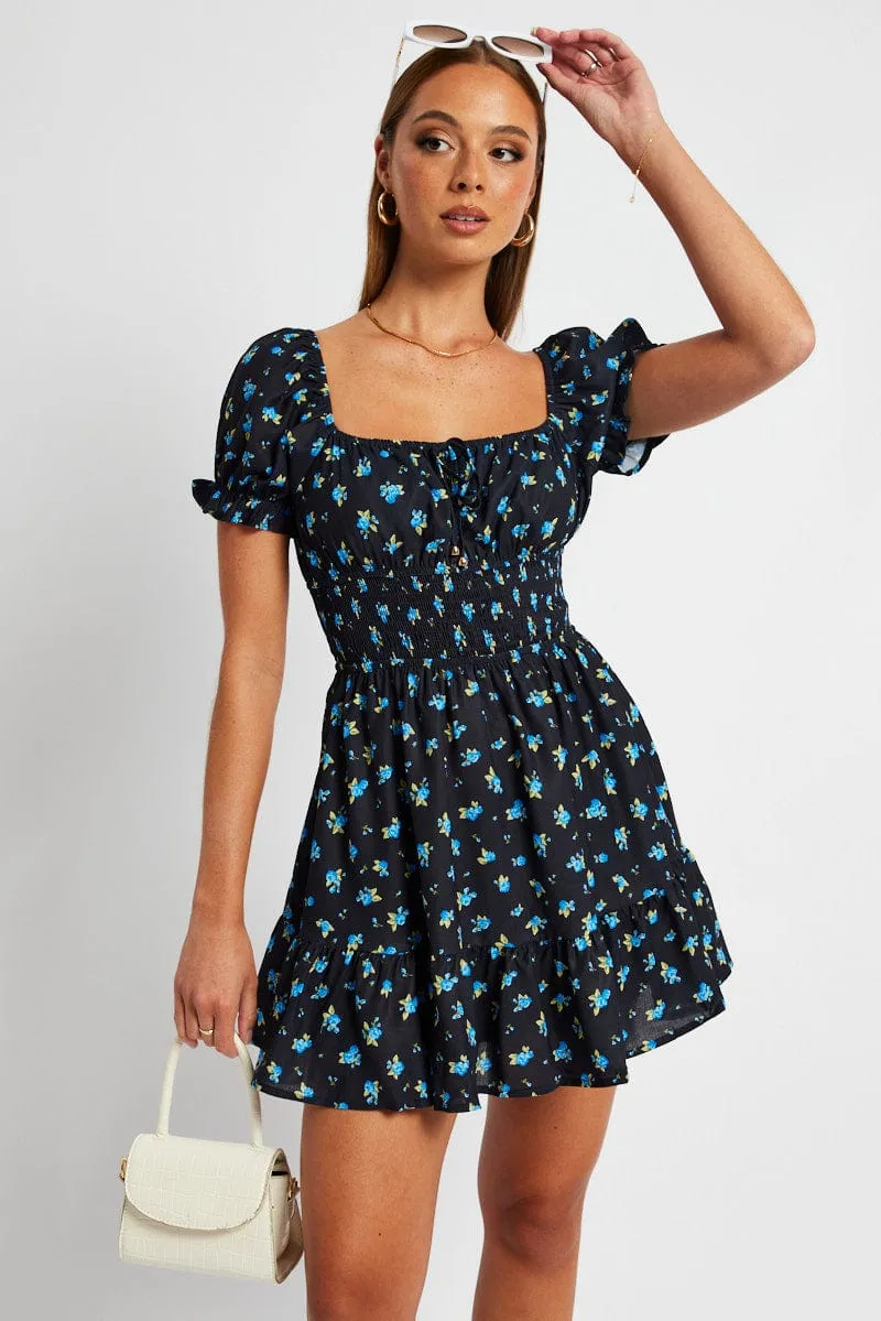 Blue Floral Fit And Flare Dress Puff Sleeve Mini sold by Ally Fashion