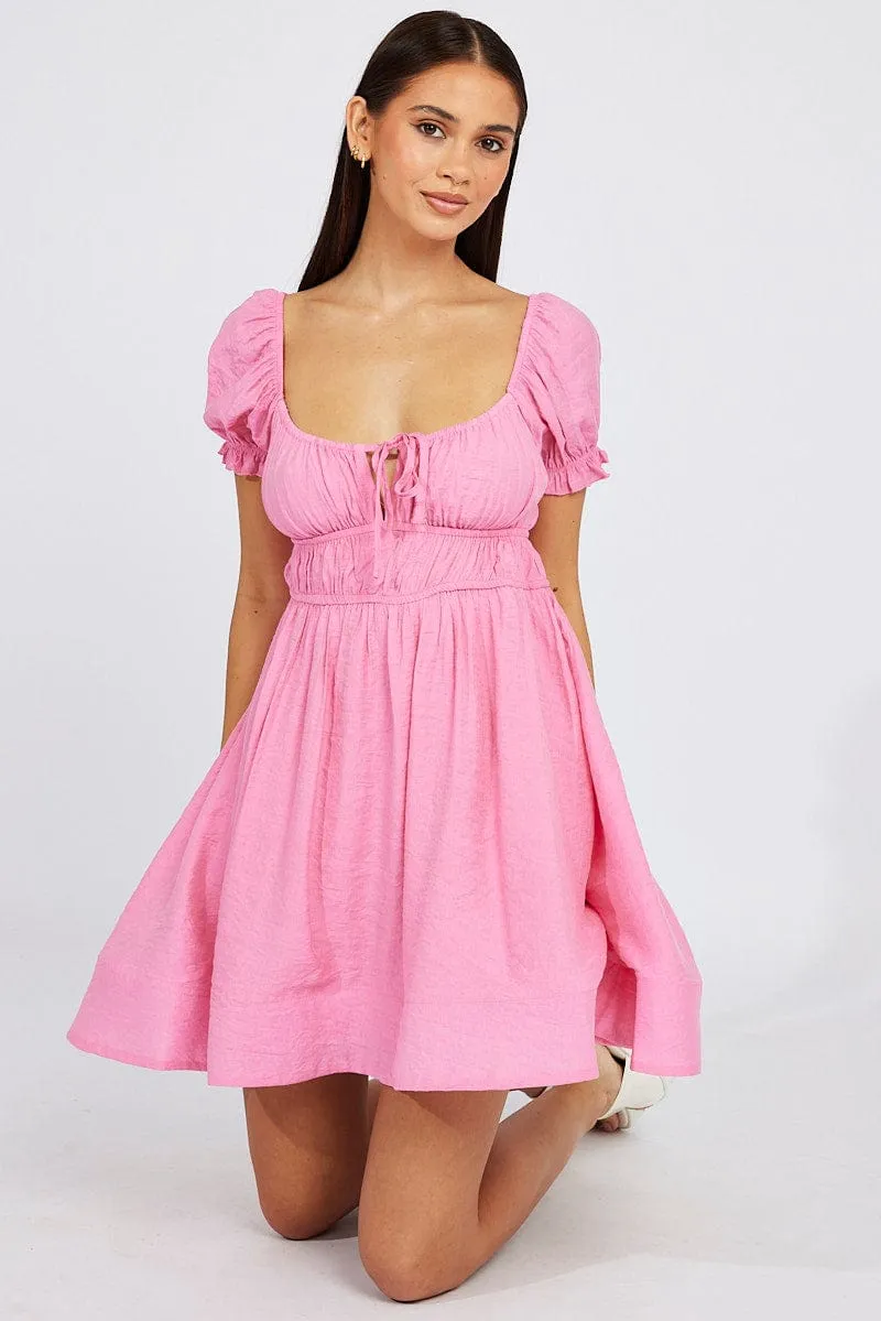 Pink Fit and Flare Dress Short Sleeve Ruched sold by Ally Fashion