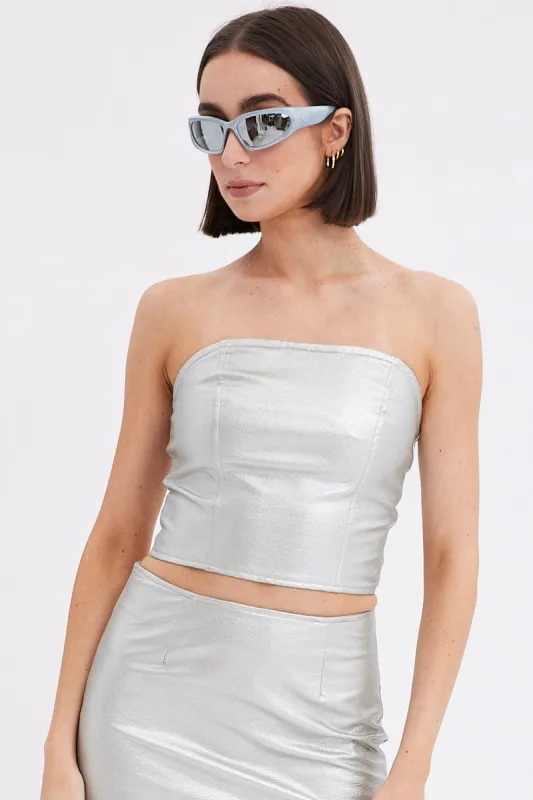 Metallic Corset Top Sleeveless Strapless Bandeau PU Silver sold by Ally Fashion