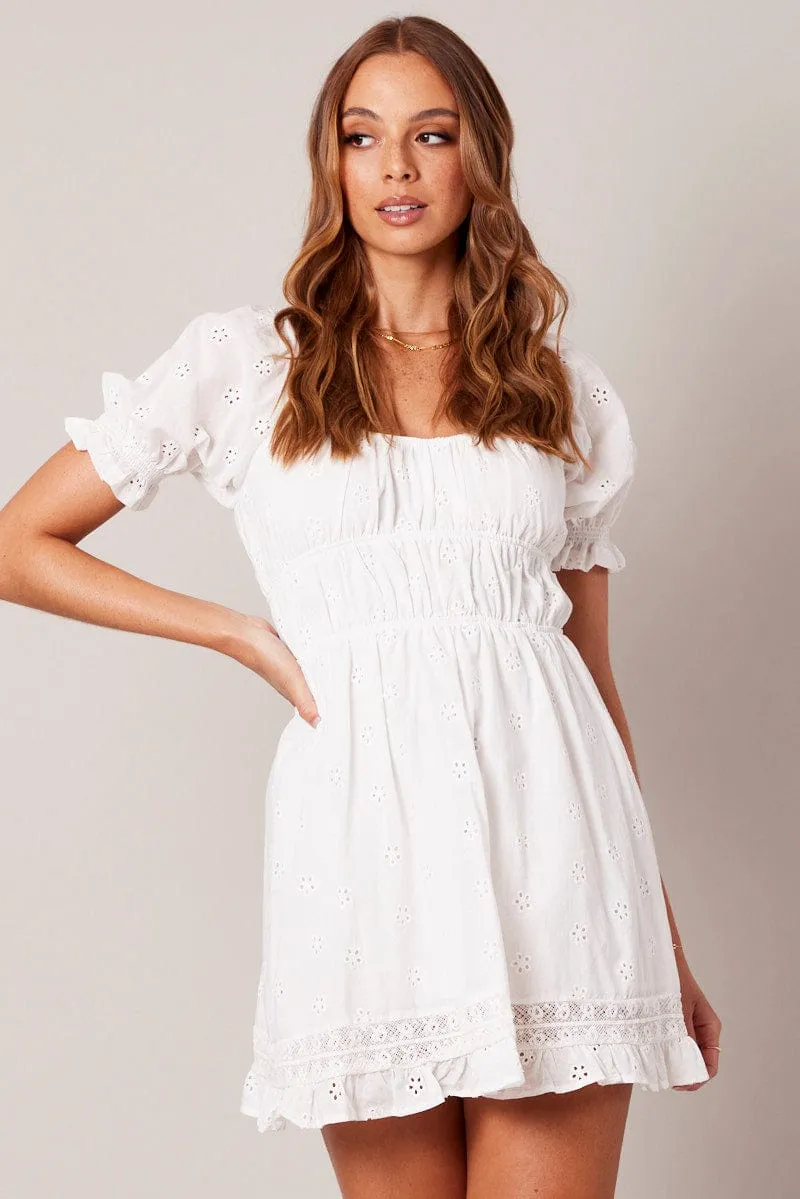 White Fit And Flare Dress Puff Sleeve sold by Ally Fashion