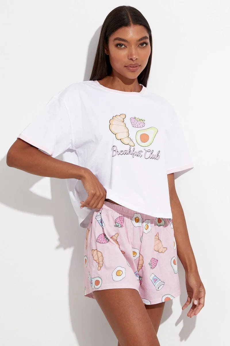 Pink Print Breakfast Pj Graphic Jersey Pyjama 2 Piece Set sold by Ally Fashion