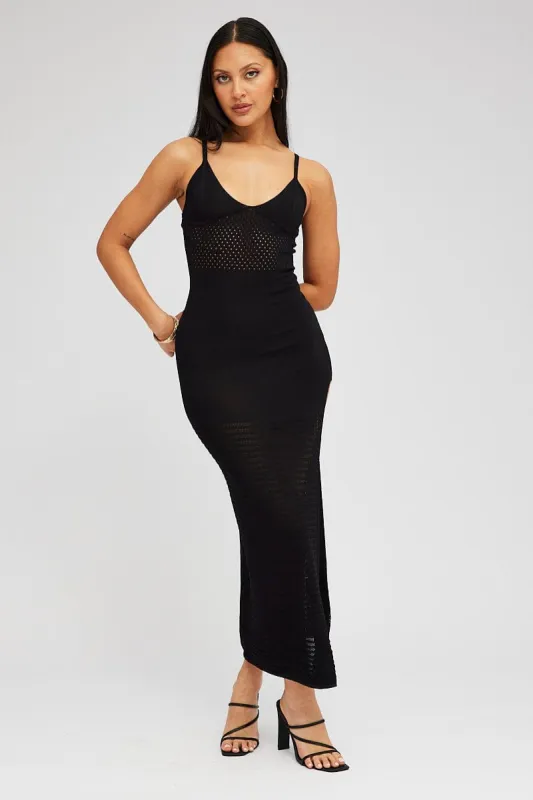 Black Knit Dress Sleeveless V Neck Midi Mixed Crochet sold by Ally Fashion