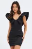 Black Ruffle Shoulder Plunging Statement Mini Dress sold by Ally Fashion