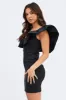 Black Ruffle Shoulder Plunging Statement Mini Dress sold by Ally Fashion