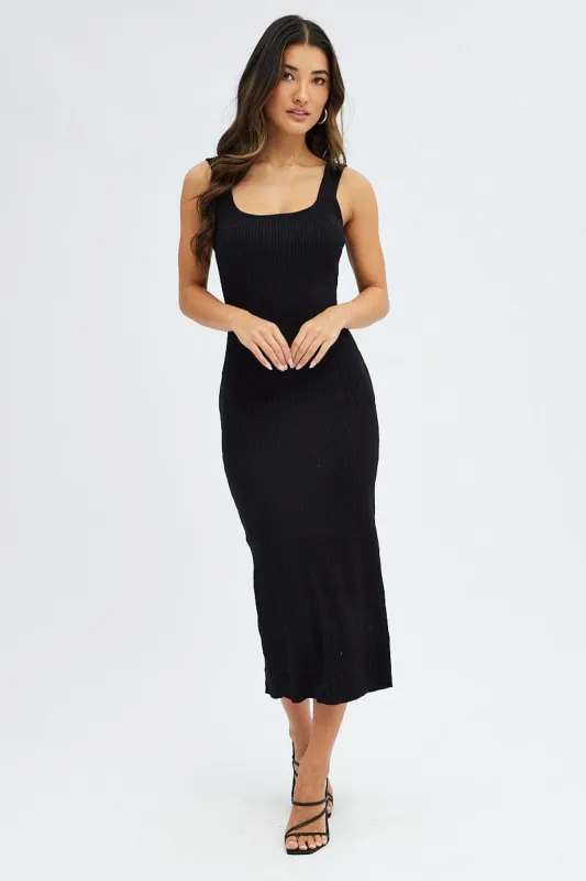 Black Knit Midi Dress Sleeveless Scoop Neck Bodycon Rib sold by Ally Fashion