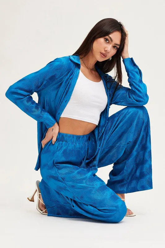 Blue Long Sleeve Plisse Shirt sold by Ally Fashion