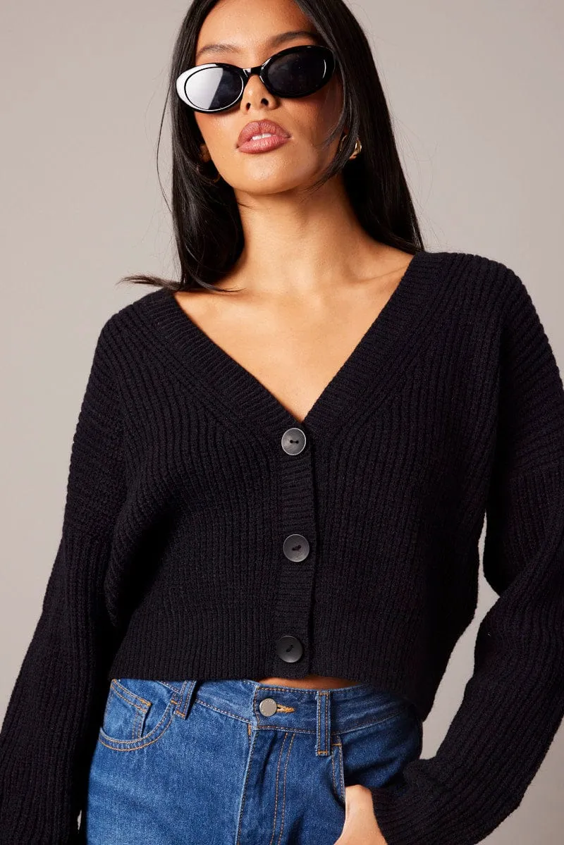 Black Knit Cardigan Long Sleeve V Neck Button Up sold by Ally Fashion