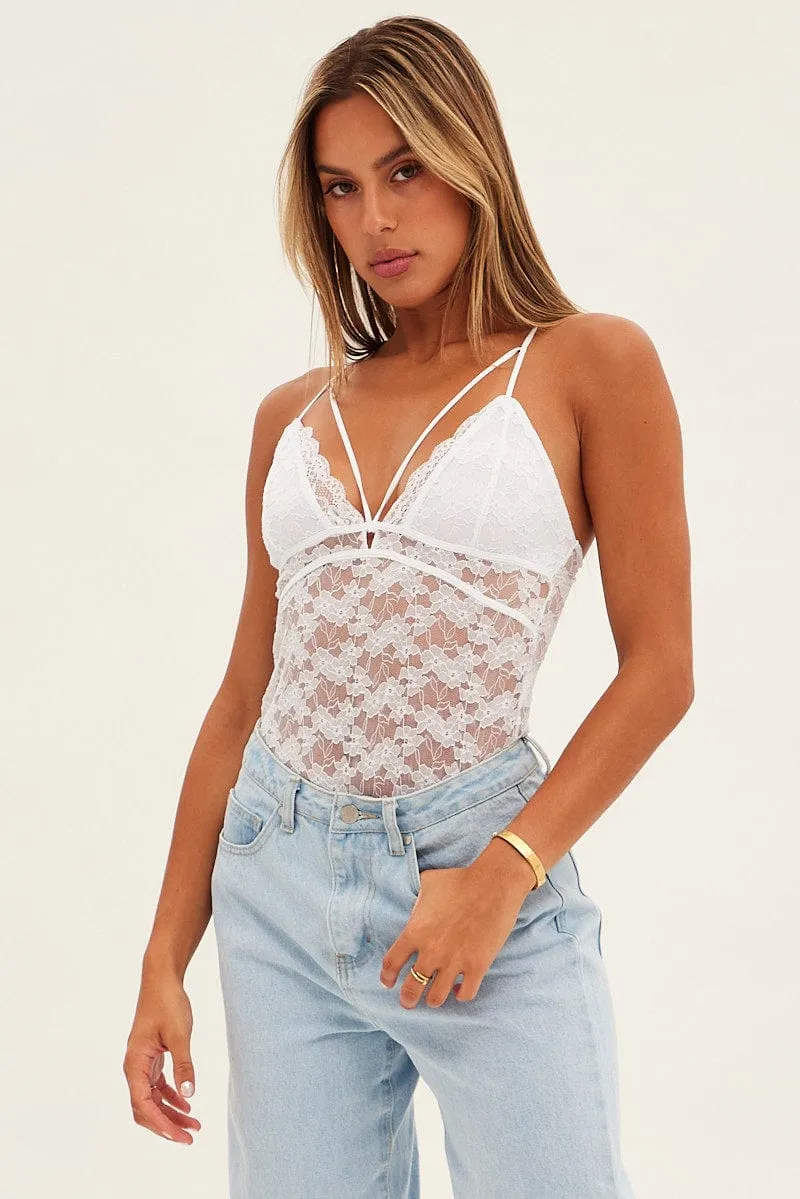 White Sleeveless Bodysuit V-Neck Lace sold by Ally Fashion