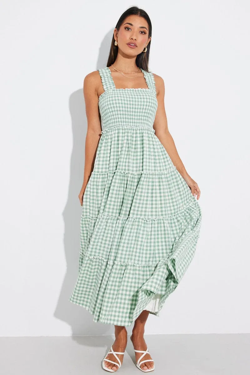 Green Check Maxi Dress Shirred Bust Tiered sold by Ally Fashion product image thumbnail 2