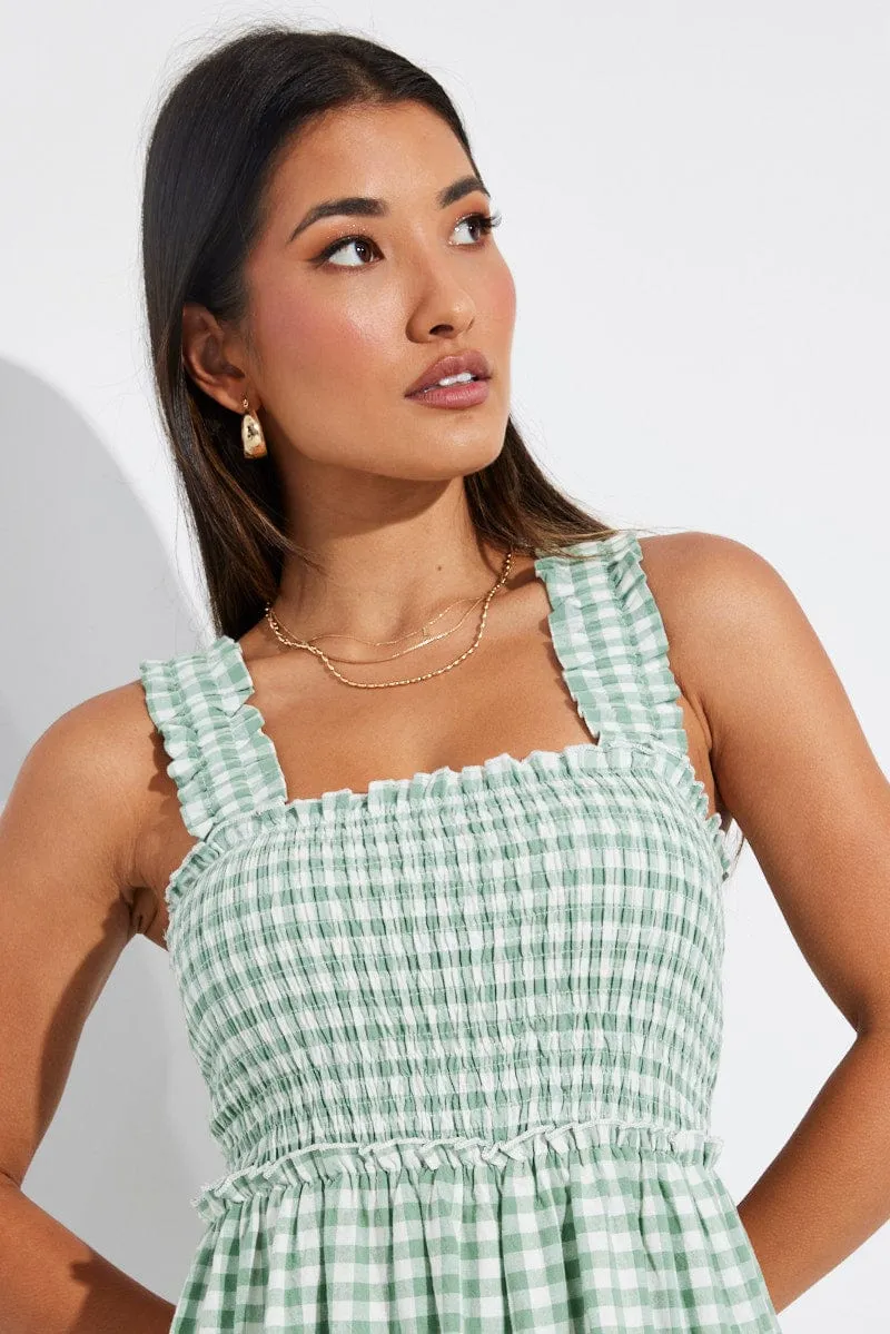 Green Check Maxi Dress Shirred Bust Tiered sold by Ally Fashion