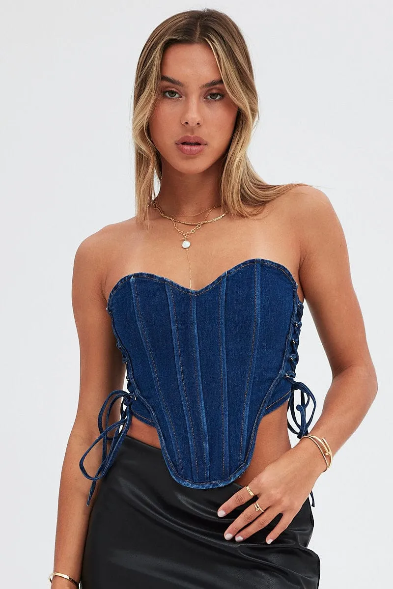 Denim Corset Crop Top Side Tie DetailsZip Back Denim sold by Ally Fashion product image thumbnail 3