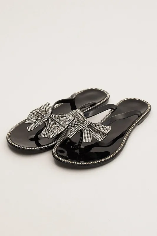 Black Rhinestone and Bow Decor Slippers sold by Ally Fashion