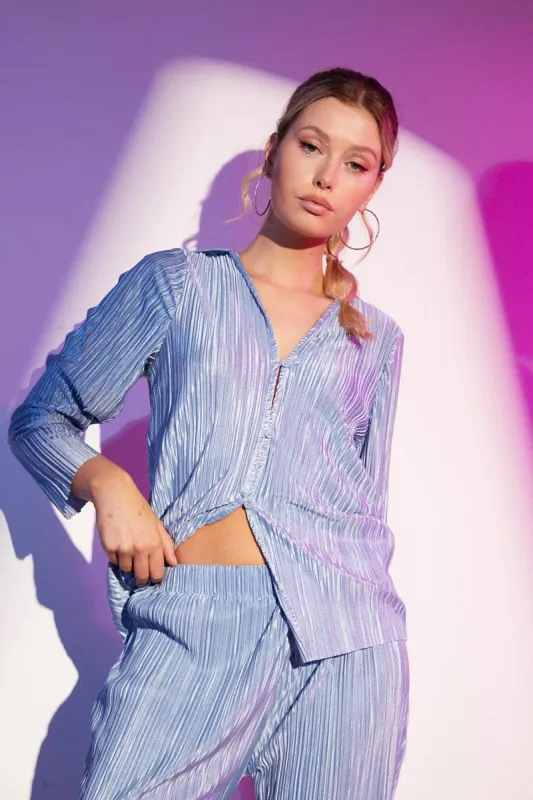 Blue Plisse Long Sleeve Shirt sold by Ally Fashion