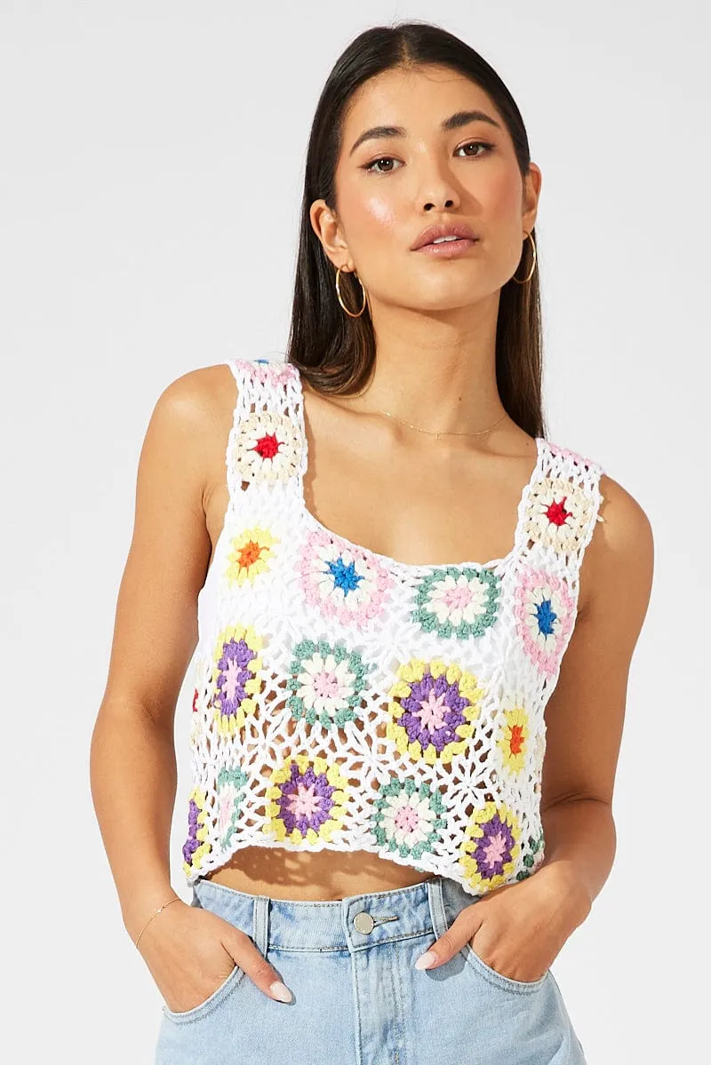 White Floral Crochet Top Crop Square Neck sold by Ally Fashion