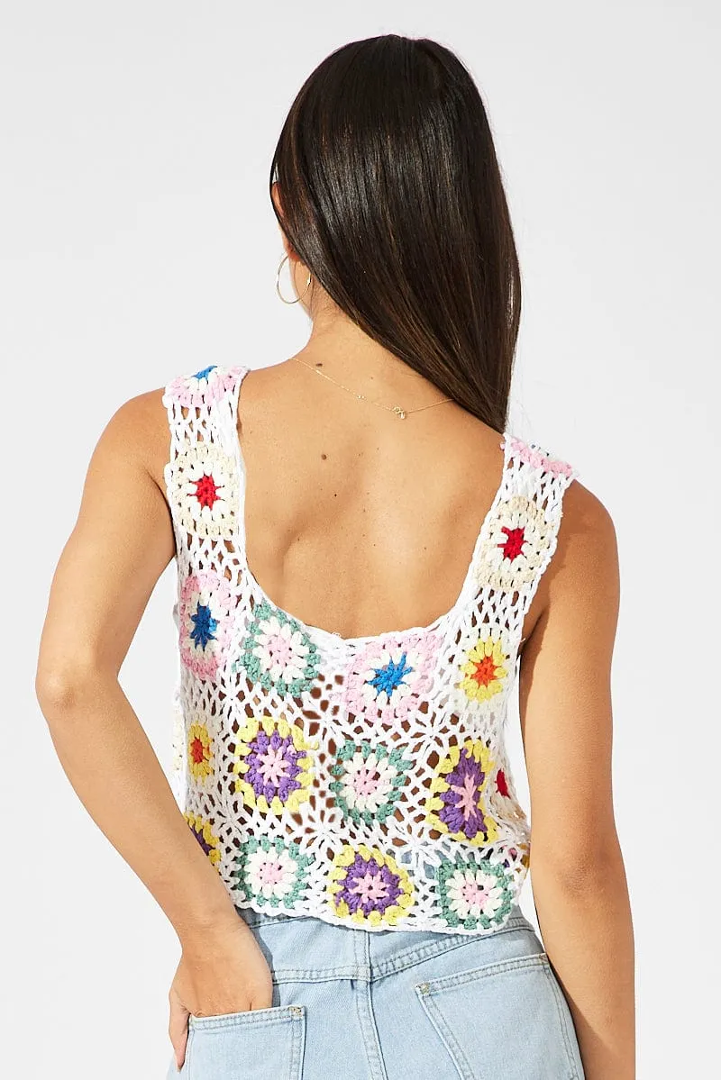 White Floral Crochet Top Crop Square Neck sold by Ally Fashion product image thumbnail 5