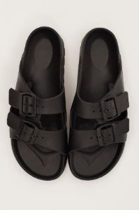 Black Double Strap Buckle Decor Slides Slippers sold by Ally Fashion