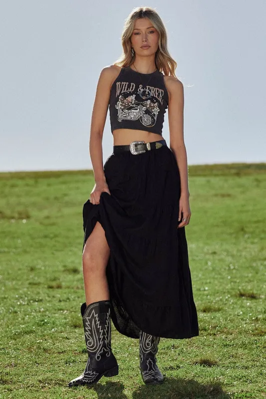 Black Maxi Skirt Tiered High Rise Linen Blend sold by Ally Fashion