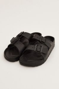 Black Double Strap Buckle Decor Slides Slippers sold by Ally Fashion