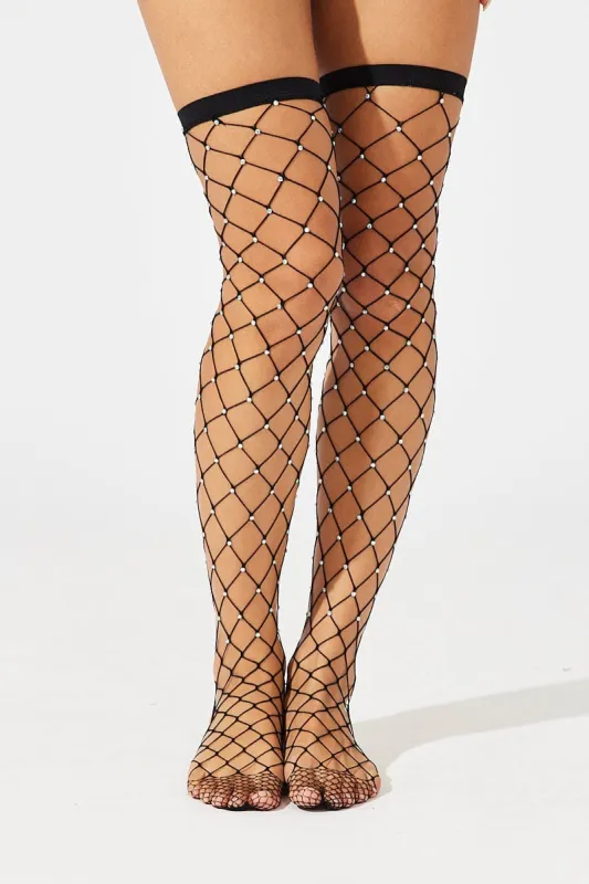 Black Rhinestones Embellished Fishnet Socks sold by Ally Fashion