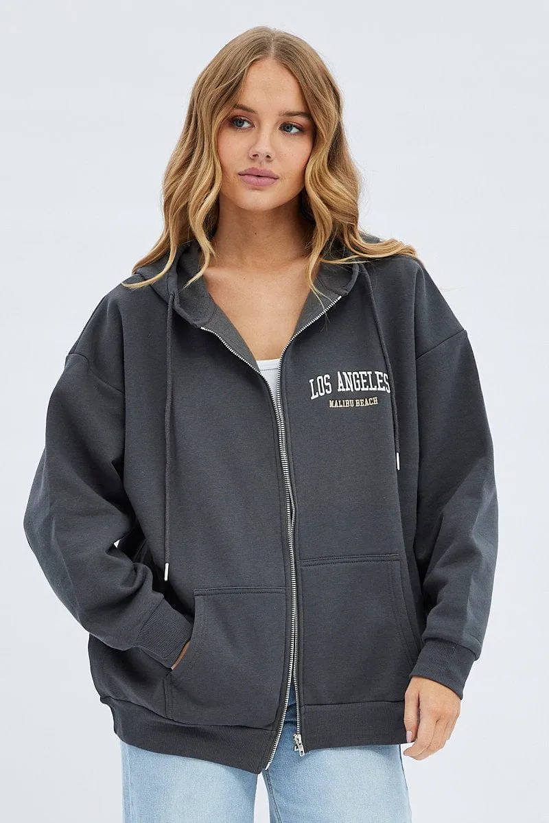 Grey Hoodie Zip Long Sleeve Embroidery sold by Ally Fashion
