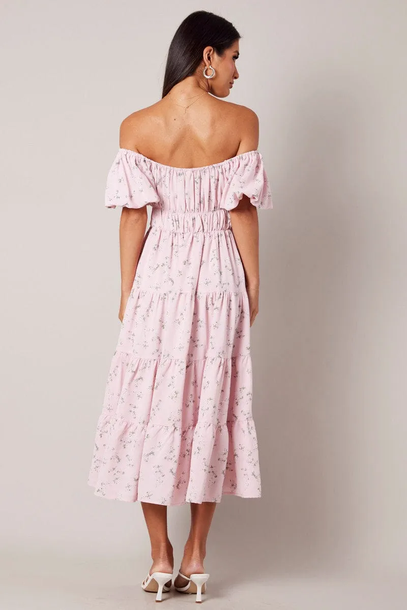 Pink Floral Midi Dress Puff Sleeve Gathered Bust sold by Ally Fashion product image thumbnail 5