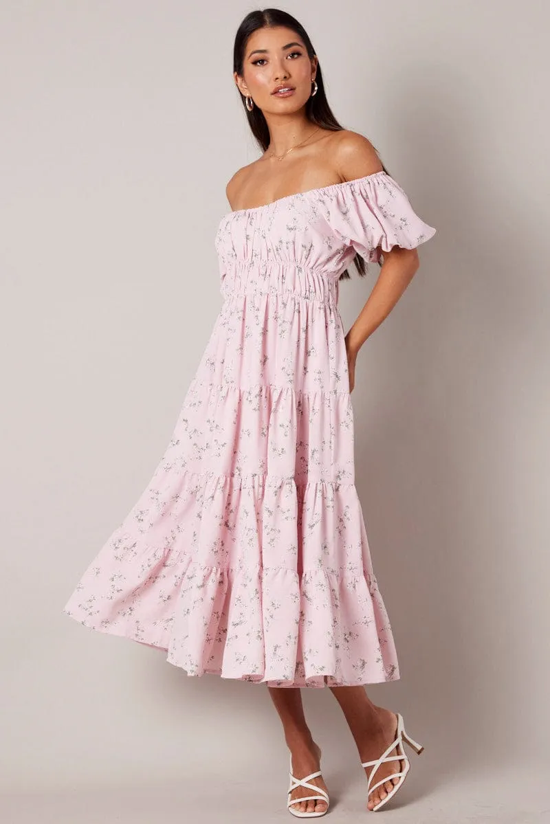 Pink Floral Midi Dress Puff Sleeve Gathered Bust sold by Ally Fashion product image thumbnail 2