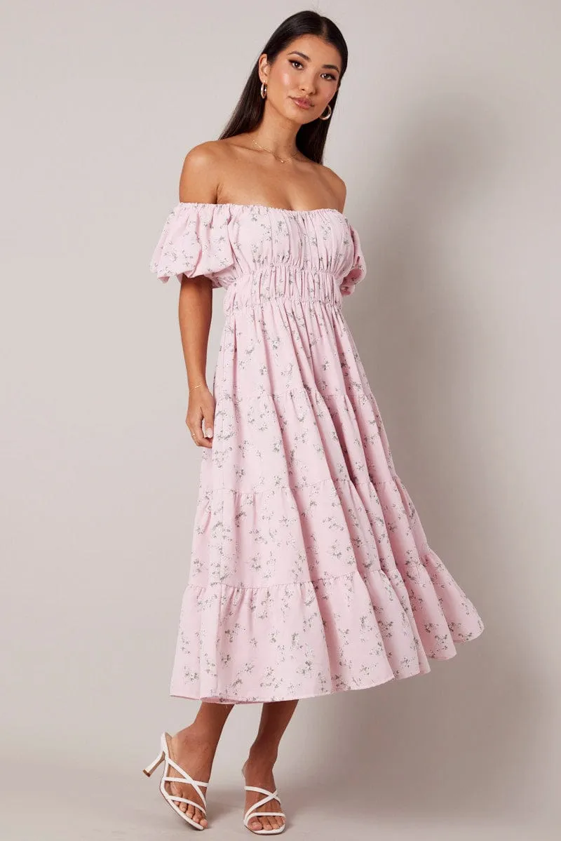 Pink Floral Midi Dress Puff Sleeve Gathered Bust sold by Ally Fashion product image thumbnail 3