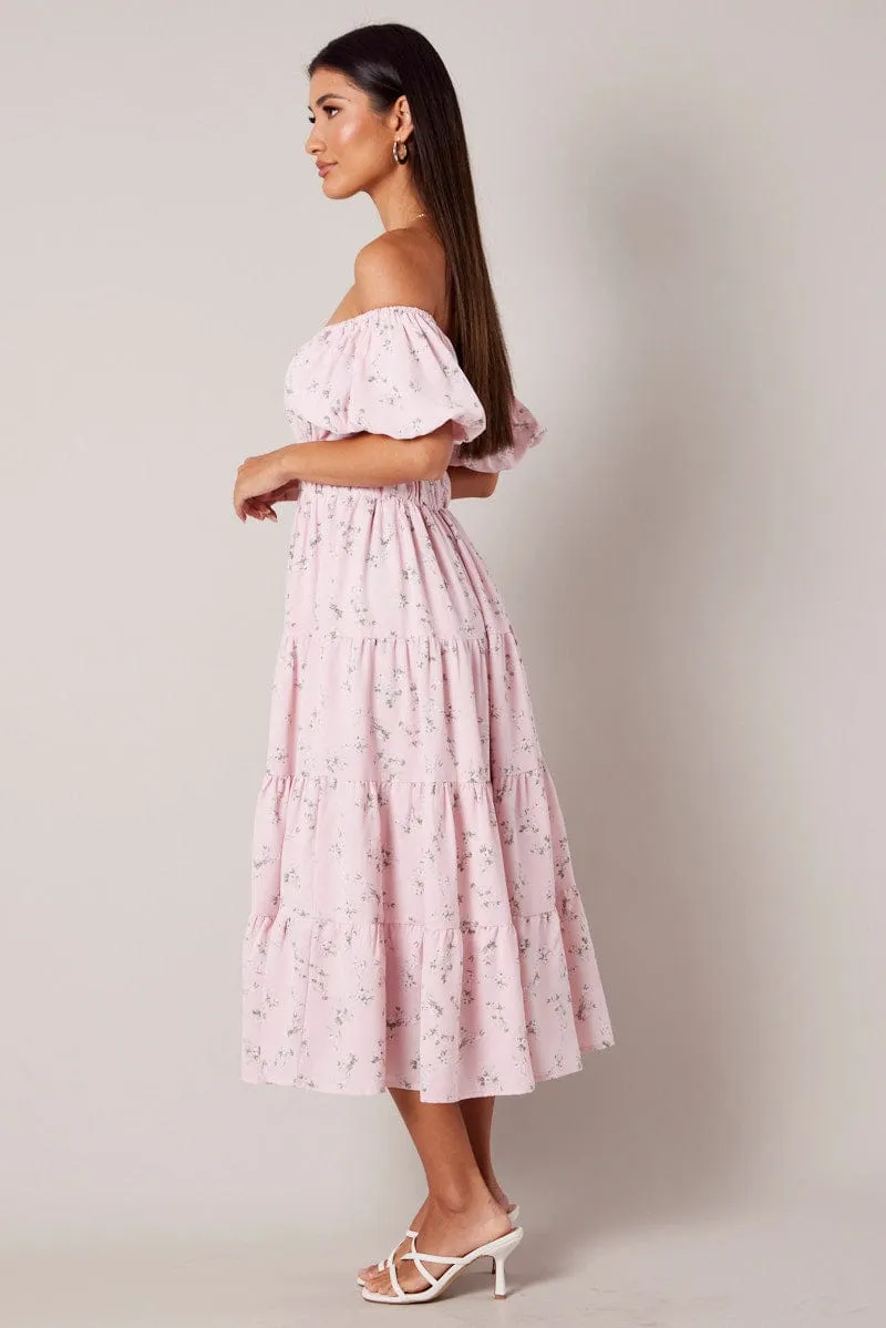 Pink Floral Midi Dress Puff Sleeve Gathered Bust sold by Ally Fashion product image thumbnail 4