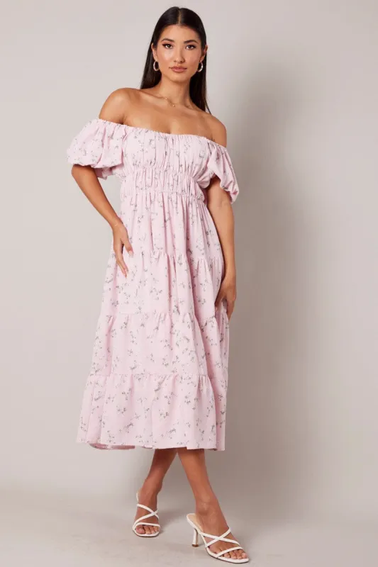 Pink Floral Midi Dress Puff Sleeve Gathered Bust sold by Ally Fashion