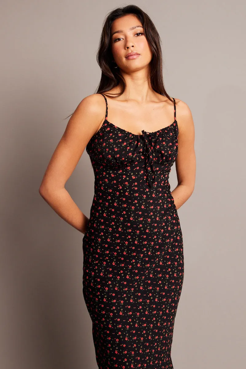 Black Ditsy Midi Dress Gathering Bust Sleeveless sold by Ally Fashion product image thumbnail 2