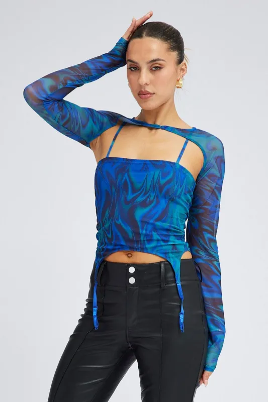 Blue Abstract Garter Corset Shrug Long Sleeve Mesh sold by Ally Fashion