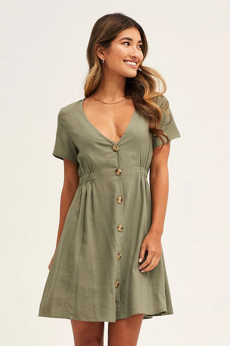 Green A Line Dress Button Front V Neck Short Sleeve sold by Ally Fashion product image thumbnail 3