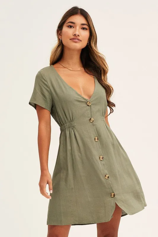 Green A Line Dress Button Front V Neck Short Sleeve sold by Ally Fashion