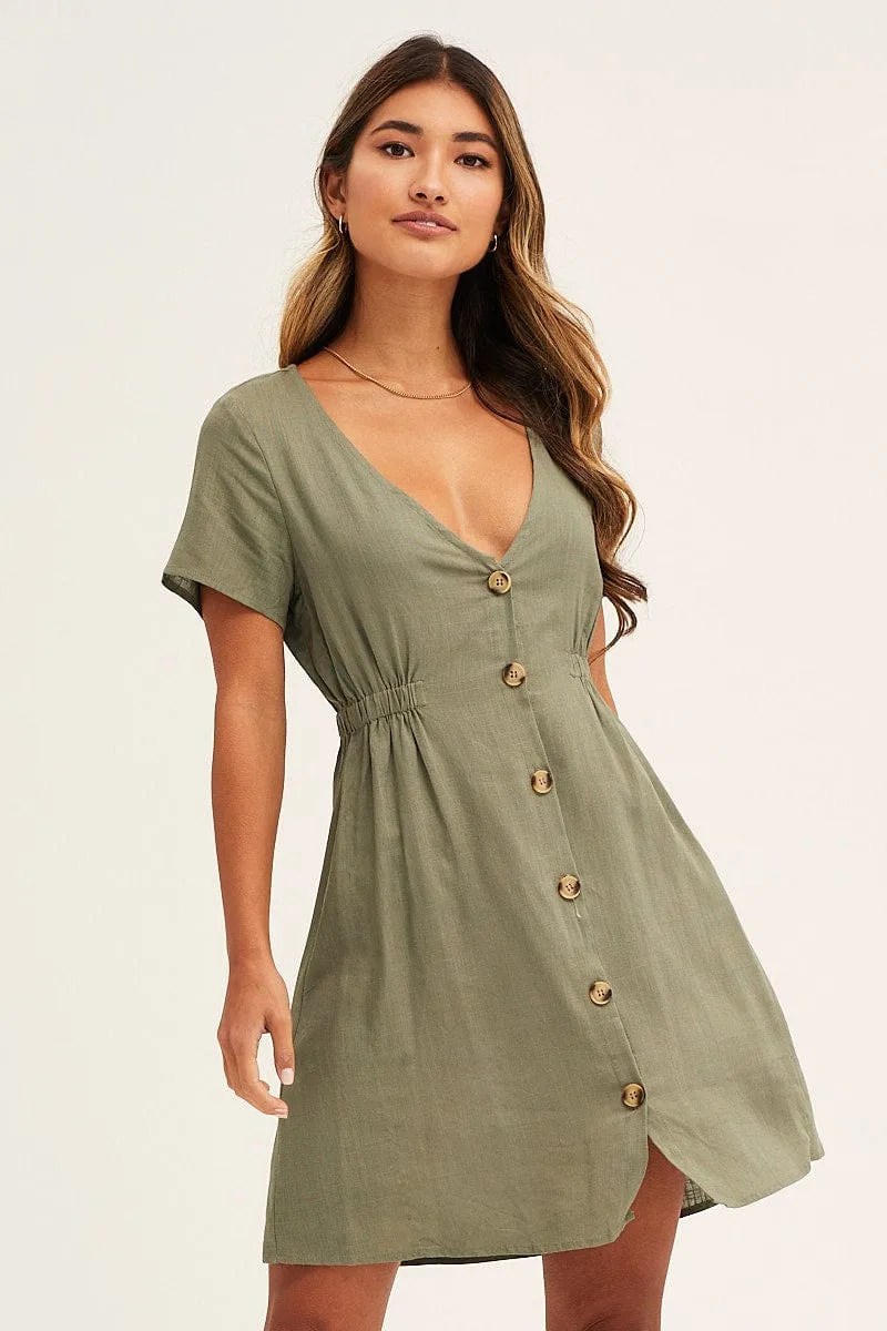 Green A Line Dress Button Front V Neck Short Sleeve sold by Ally Fashion