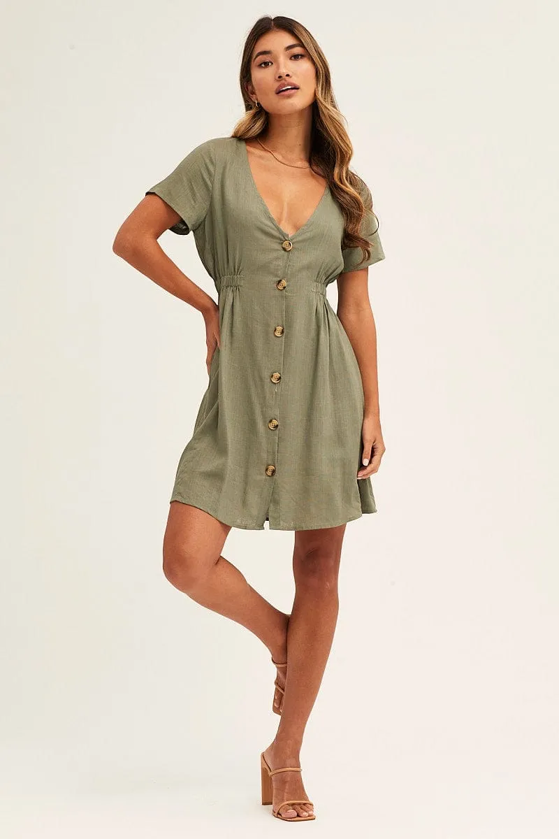 Green A Line Dress Button Front V Neck Short Sleeve sold by Ally Fashion product image thumbnail 2