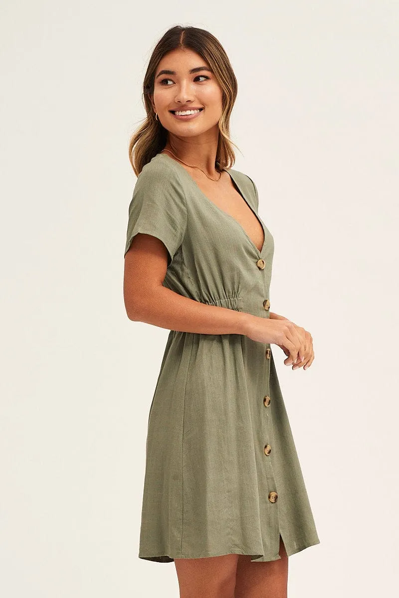 Green A Line Dress Button Front V Neck Short Sleeve sold by Ally Fashion product image thumbnail 4