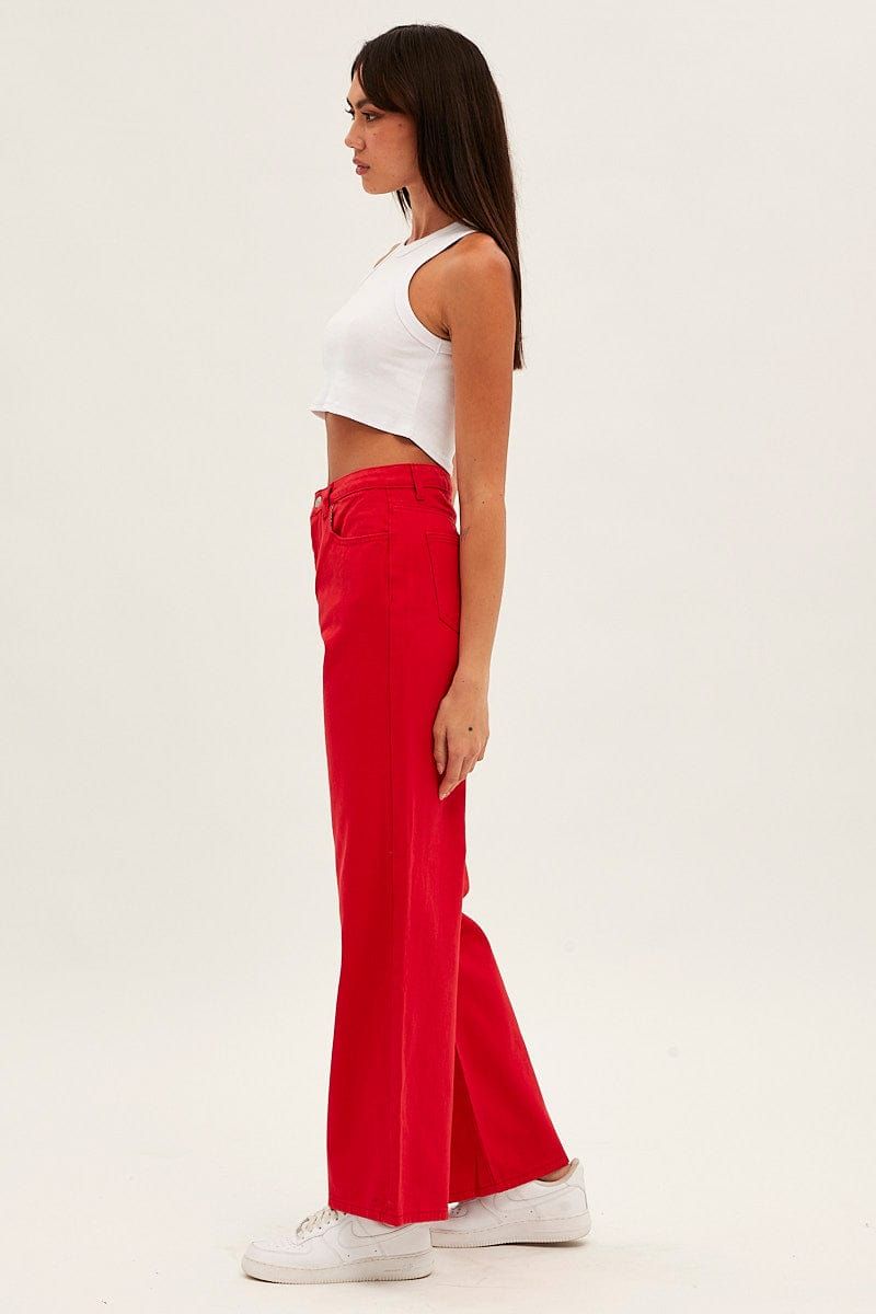Red Wide Leg Denim Jeans High Rise sold by Ally Fashion product image thumbnail 4