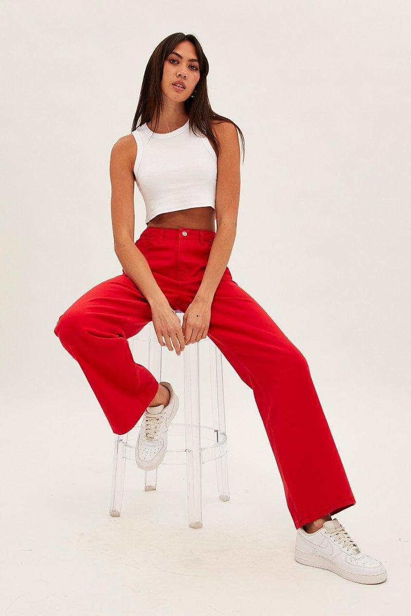 Red Wide Leg Denim Jeans High Rise sold by Ally Fashion