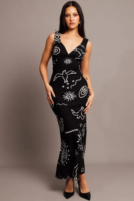 Black Abstract Maxi Dress Plunge V Neck Dress sold by Ally Fashion