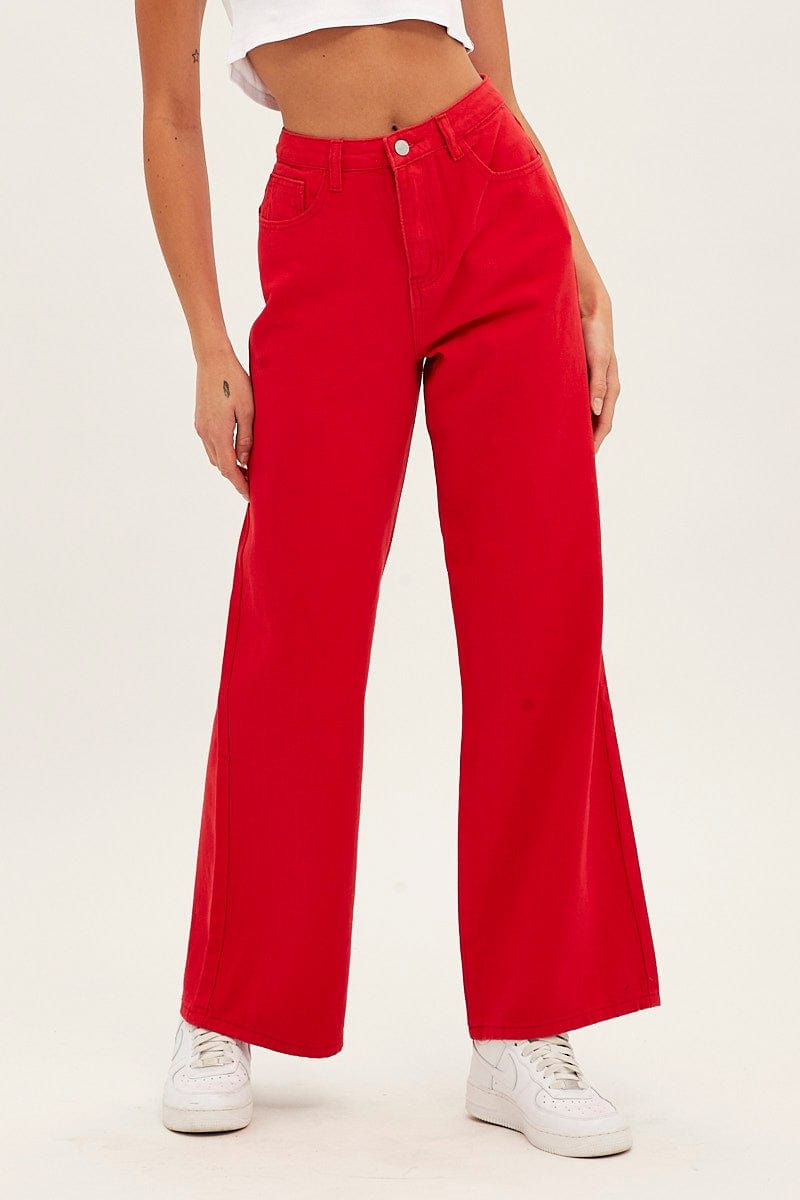Red Wide Leg Denim Jeans High Rise sold by Ally Fashion product image thumbnail 2