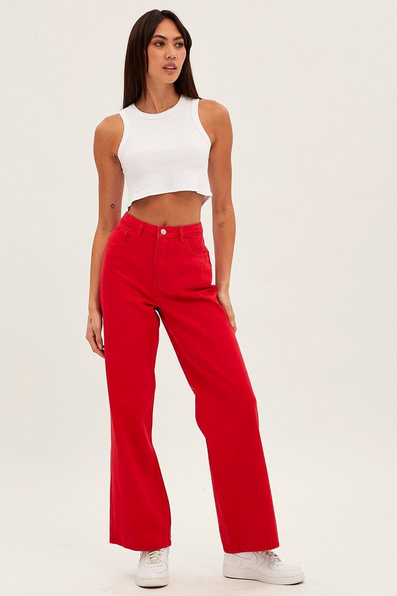 Red Wide Leg Denim Jeans High Rise sold by Ally Fashion product image thumbnail 3