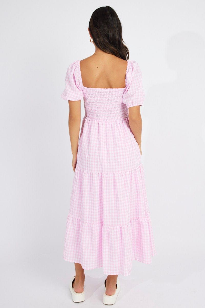 Pink Check Maxi Dress Short Sleeve Shirred sold by Ally Fashion product image thumbnail 5